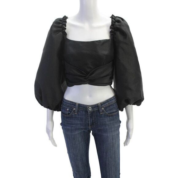 PatBO Tops - PatBO Womens Cropped Long Puff Sleeve Square Neck Blouse Black Size 4